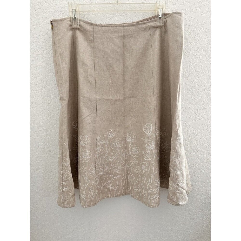 Christopher & Banks Women's Skirt 12 Tan Linen Embroidered‎ Cottagecore Fairy
